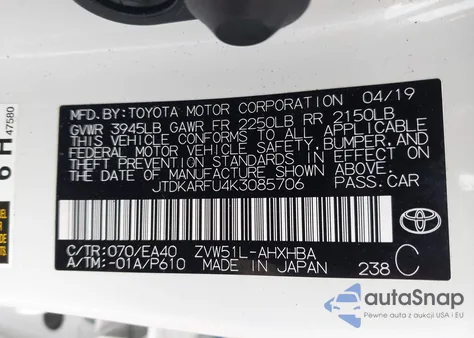 2019 Toyota Prius Limited from USA, damaged, VIN JTDKARFU4K3085706